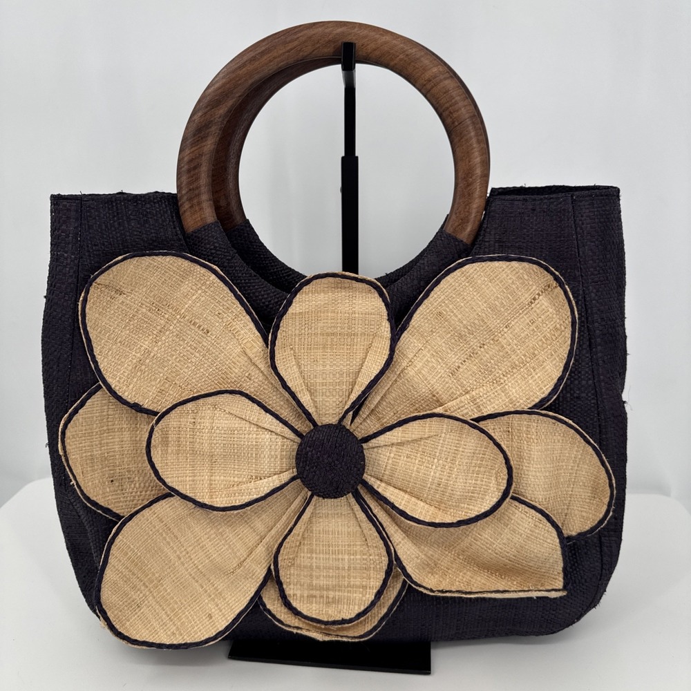 Mar Y Sol Guadalupe Straw & Blue Flower Raffia Tote w/Wood Handle I5"x11" Retro